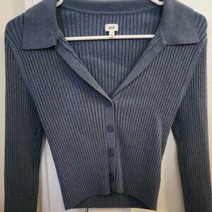 Aerie Long Sleeve Cropped Top Button Front with Collar Ribbed Knit Blue Med
